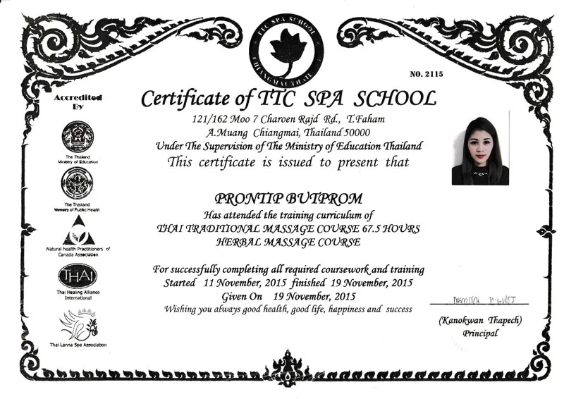 Certificate of TTC SPA SCHOOL Thai Massage Ruentip Ginza Premier