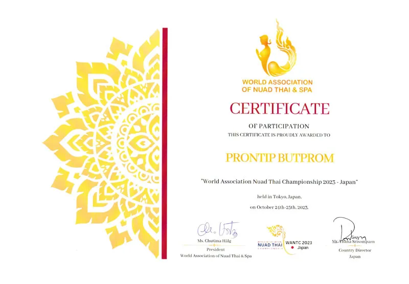 WORLD ASSOCIATION OF NUAD THAI&SPA CERIIIIFICATE OF PARTICIPAT10N Thai Massage Ruentip Ginza Premier